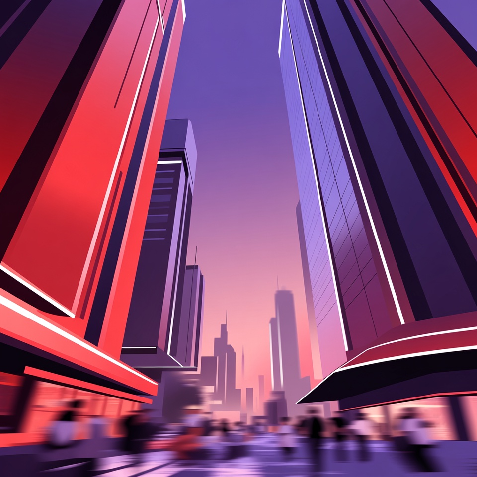 Red and violet city architecture viewed from street level